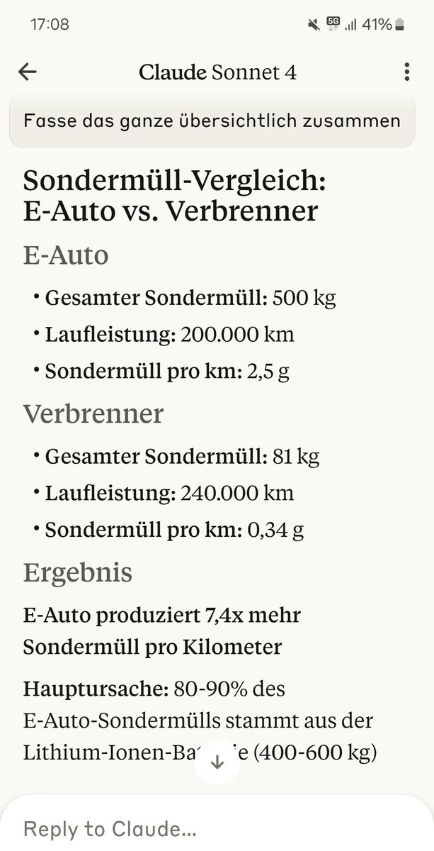 Auch Claude sieht 7 mal mehr Sondermüll pro km bei e-Autos wie bei Verbrennerautos.
Klare Umweltsünder.