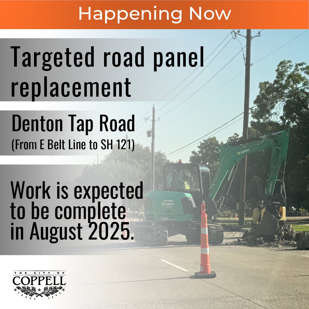 🚧Construction Reminder! Crews are currently replacing panels on the northbound lanes just north of E Belt Line Rd. Once this section is completed, they will continue north to Hwy 121 then back south to E Belt Line.

Thank you for your patience. More info: coppelltx.gov/454