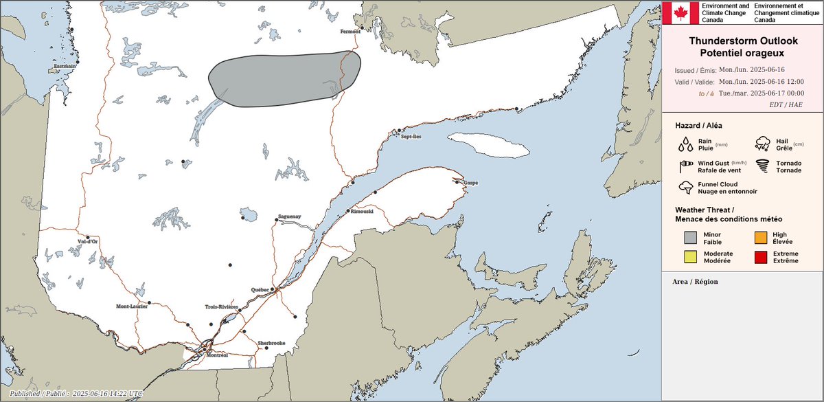 Thunderstorm outlook for Quebec valid today, June 16.

Any report of damage can be sent to Environment and Climate Change Canada using #QCstorm or by emailing QCstorm@ec.gc.ca.