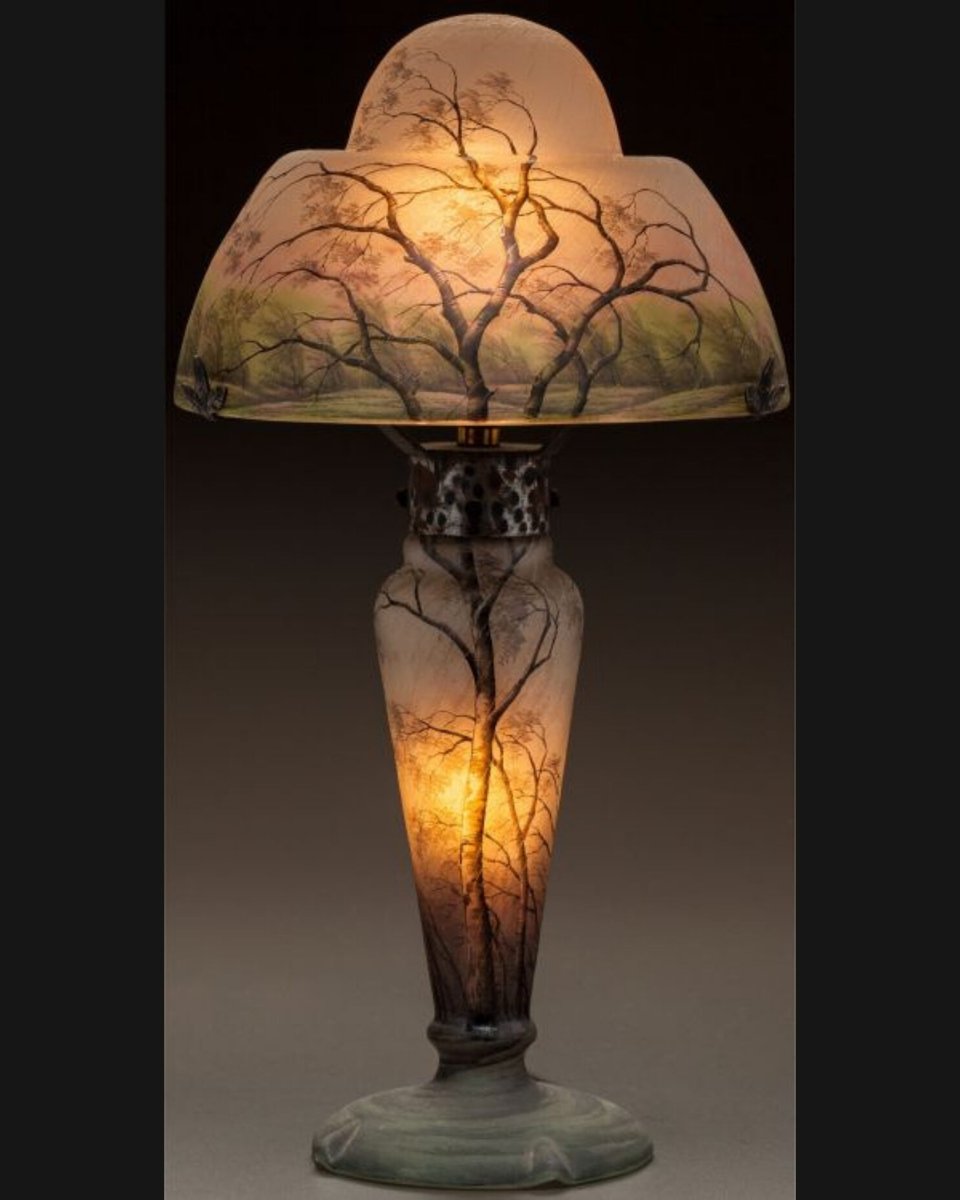 Art Nouveau antique lamp with a rain-inspired scenic design from the 1900s, Nancy, France.
