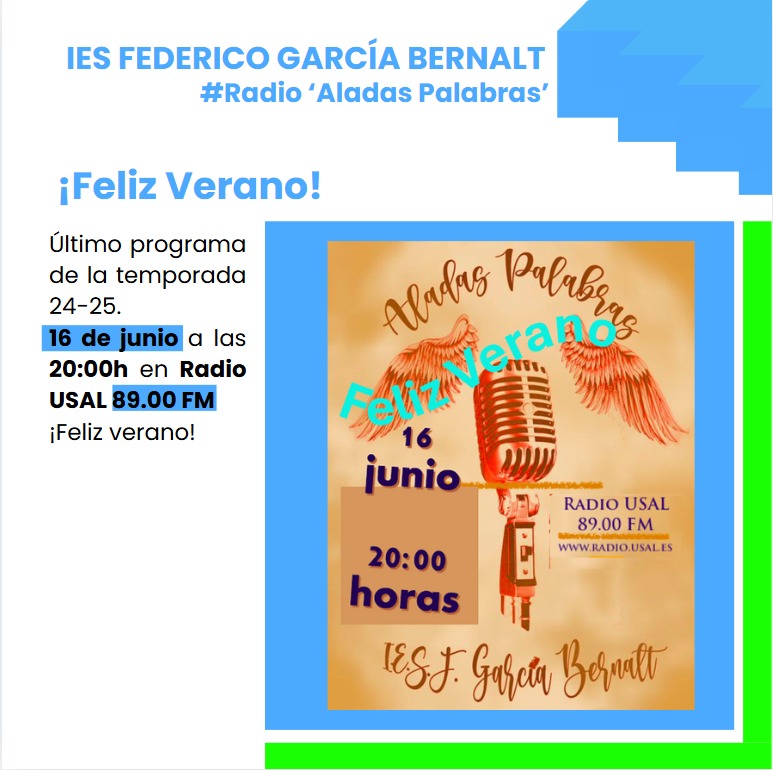 IES FGB (@iesfgb) on Twitter photo Hoy último programa del curso de nuestro programa de radio #AladasPalabras
<a href="/usal/">Universidad de Salamanca</a> @ampagarciabernalt @cfiesa Hoy último programa del curso de nuestro programa de radio #AladasPalabras
<a href="/usal/">Universidad de Salamanca</a> @ampagarciabernalt @cfiesa