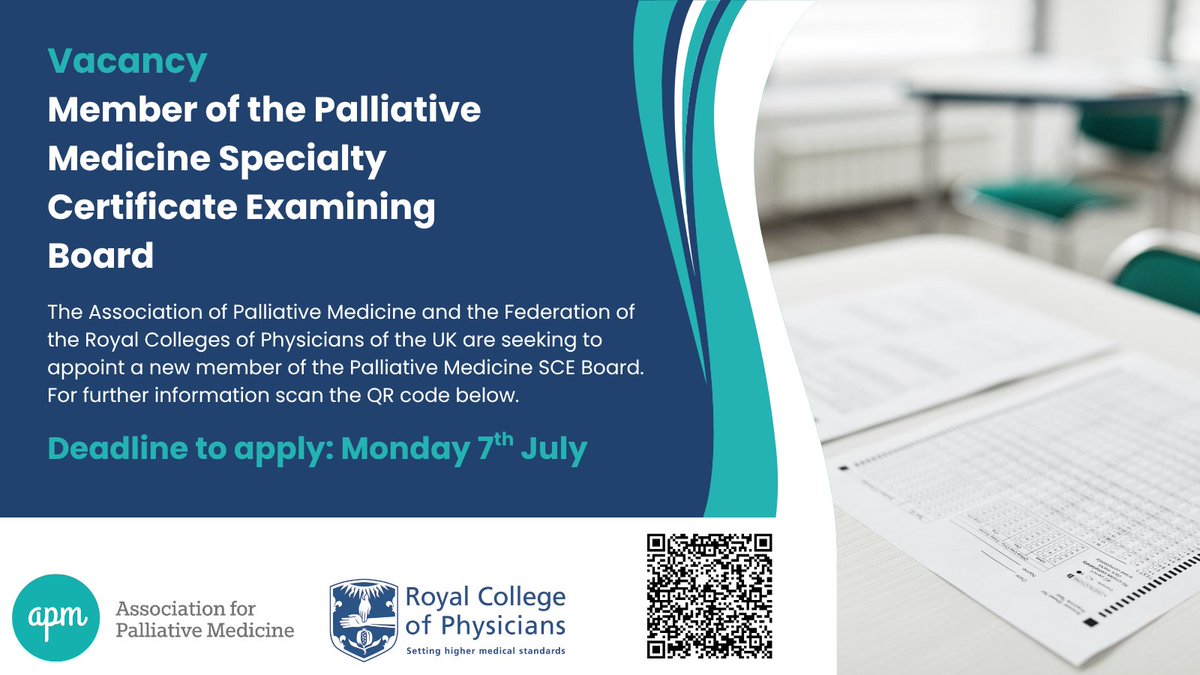 APM (@apmposttweets) on Twitter photo 📣🖊️Deadline extended! You have until the 7th July to apply for the <a href="/RCPhysicians/">Royal College of Physicians</a> Palliative Medicine SCE Examining Board vacancy. To find out more, scan the QR code below. #palliativemedicine #education #training #RCP 📣🖊️Deadline extended! You have until the 7th July to apply for the <a href="/RCPhysicians/">Royal College of Physicians</a> Palliative Medicine SCE Examining Board vacancy. To find out more, scan the QR code below. #palliativemedicine #education #training #RCP