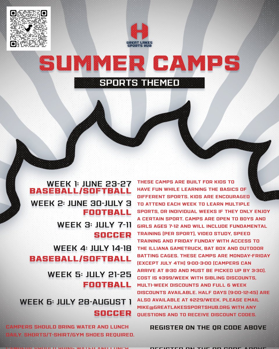 🚨 1 week away from the start of our 6 weeks of summer camps! Register today and bring a friend!

Come 1 week, come all 6 weeks, it's up to you! Discounts for multiple weeks!

Questions email mike@greatlakessportshub.org