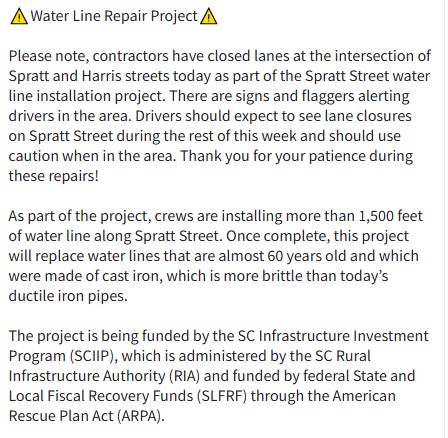 Please note, contractors have closed lanes at the intersection of Spratt and Harris streets today as part of the Spratt Street water line installation project. Click the image below for more info.