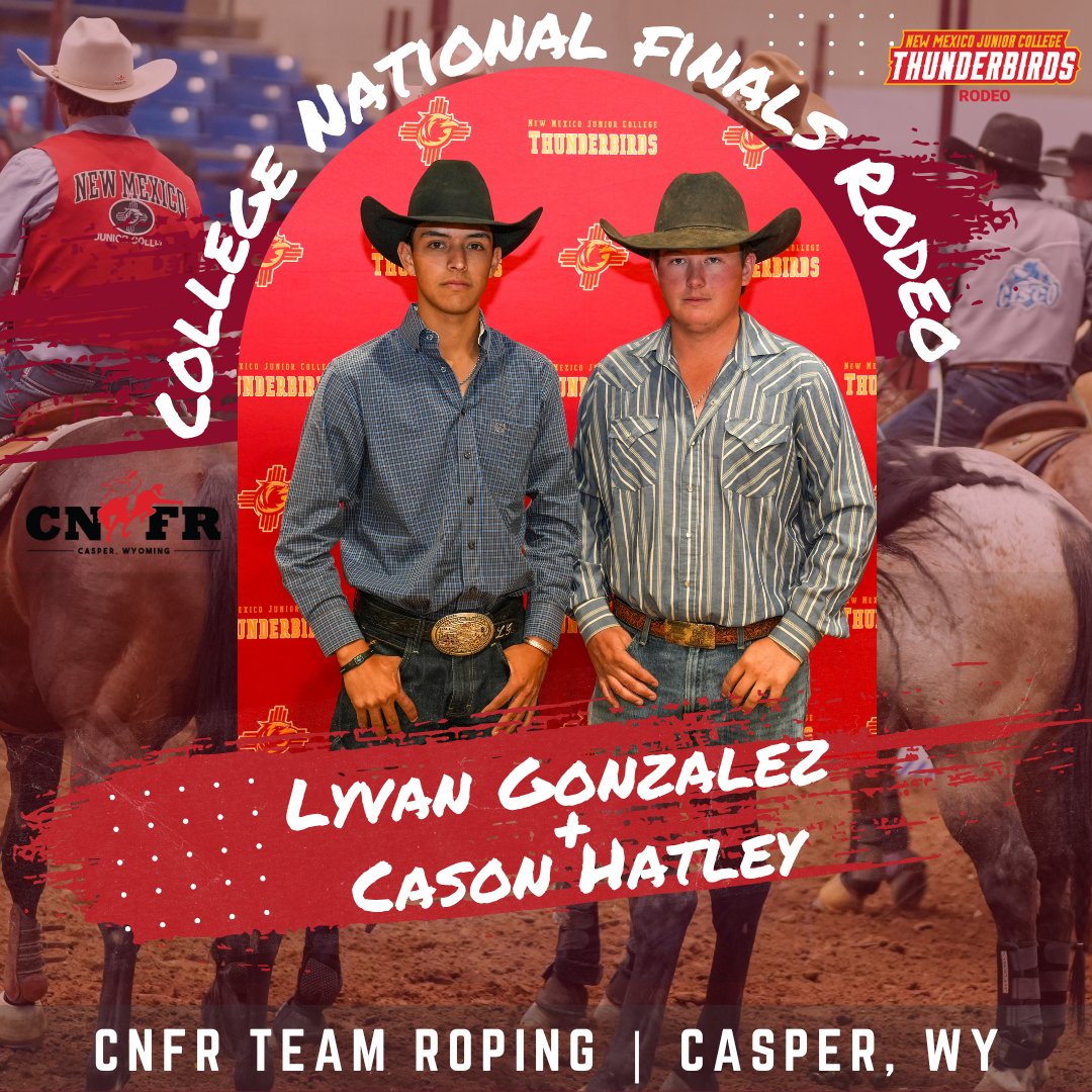 The NMJC team roping pair of Lyvan Gonzalez and Cason Hatley compete this afternoon around 1 p.m. MST in Casper, Wyoming at the College National Finals Rodeo!

Draw ➡️ cnfr.com/wp-content/upl…

Schedule ➡️ nmjcthunderbirds.com/sports/rodeo/2… 

Results ➡️ collegerodeo.com/cnfr/cnfr-2025…