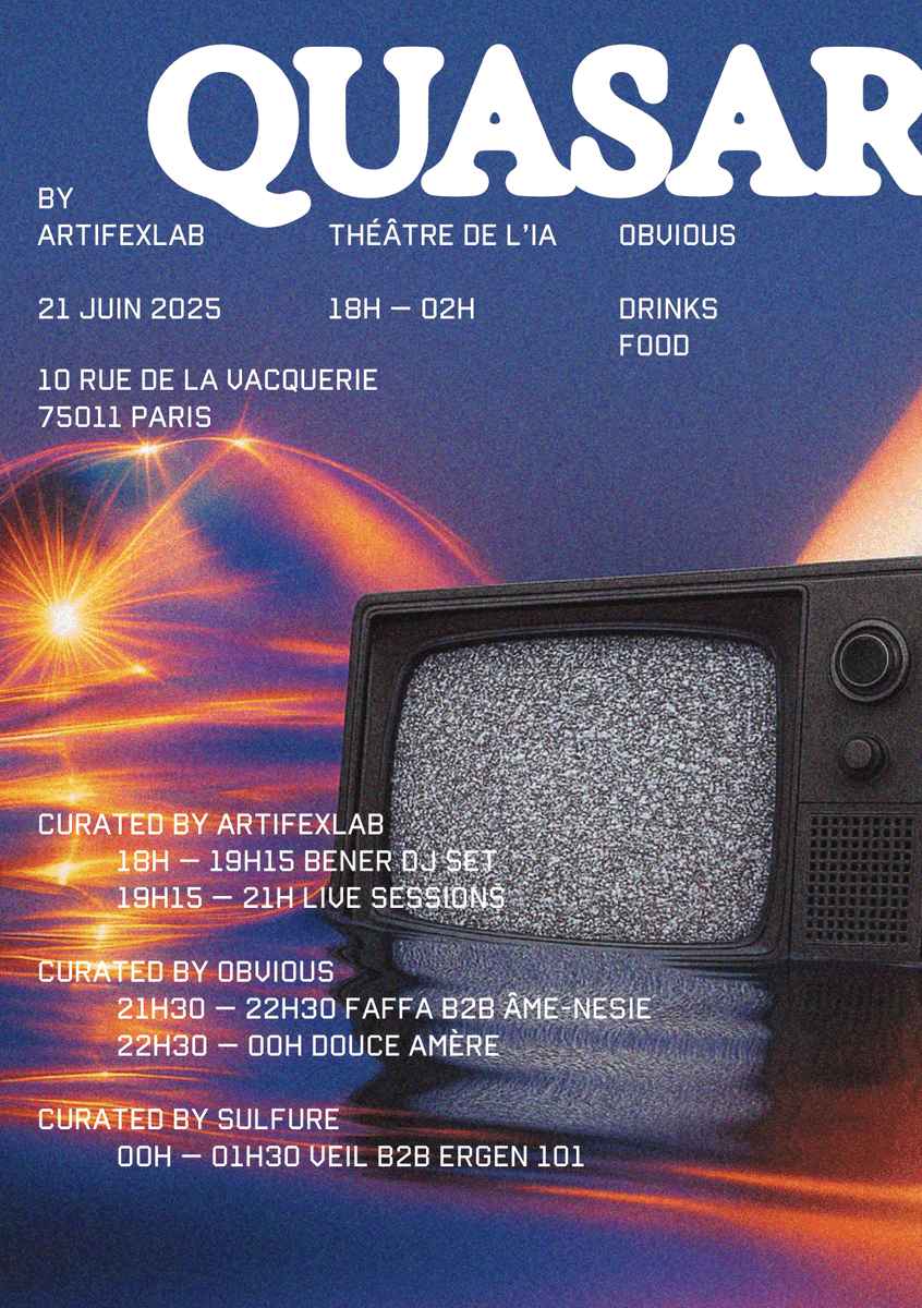 Nous lançons "Quasar", un evènement en collaboration avec Artifex Labs au Théâtre de l’IA à Paris, pour la Fête de la Musique !

Au programme : 
- art digital
- concerts live, DJs et VJs
- soleil, bar &amp; terrasse

Venez nombreux !

Samedi 21/06
10 Rue de la Vacquerie
18h – 2h