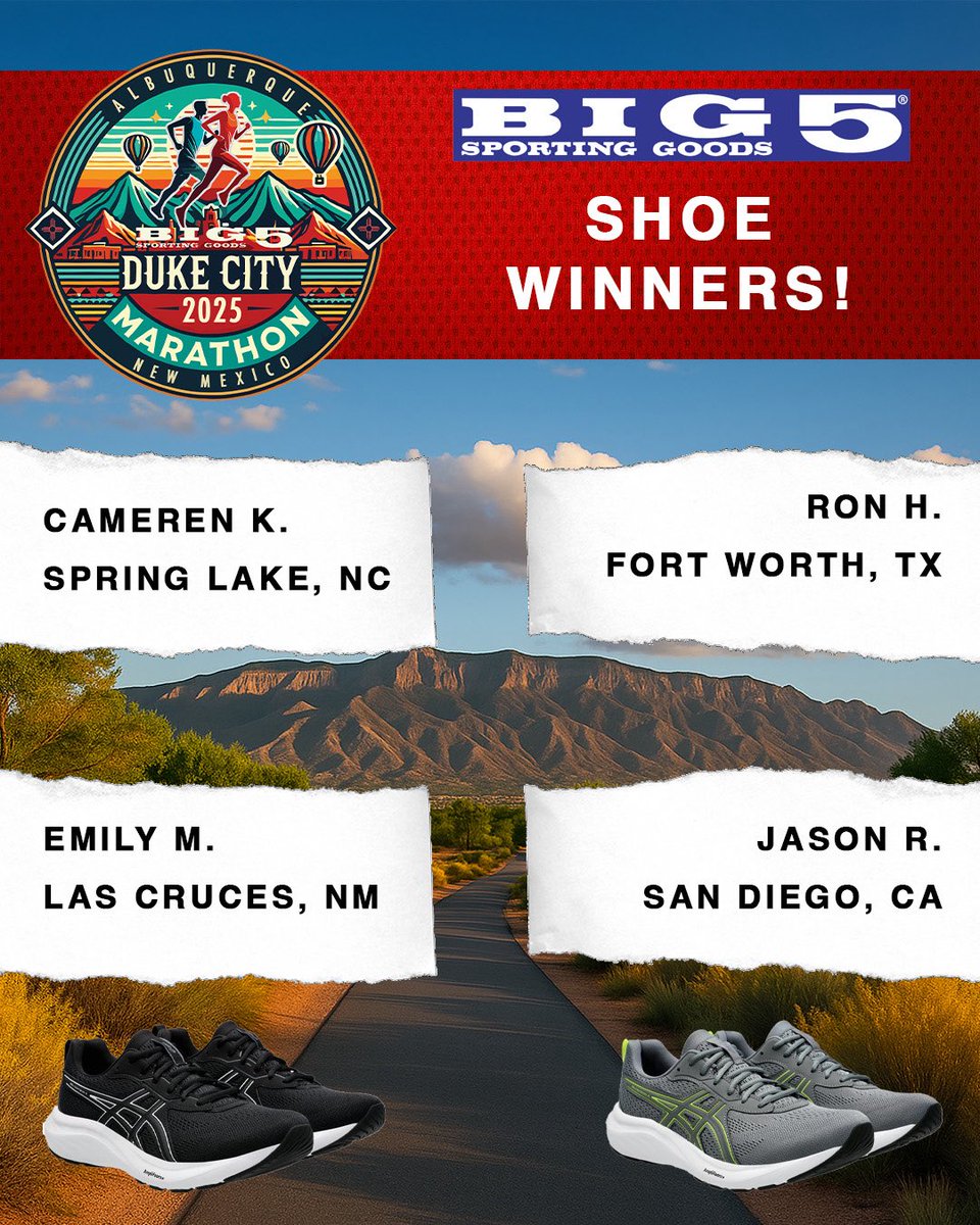 Big 5 Duke City Marathon - October 19, 2025 (@dukecityrun) on Twitter photo 👟CONGRATULATIONS WINNERS!👟
Here are the FOUR winners of the <a href="/big5since55/">Big 5 Sporting Goods</a> ASICS running shoe giveaway!
We can't wait to see you at the 2025 Big 5 Duke City Marathon in your new shoes!
DukeCityMarathon.com 👟CONGRATULATIONS WINNERS!👟
Here are the FOUR winners of the <a href="/big5since55/">Big 5 Sporting Goods</a> ASICS running shoe giveaway!
We can't wait to see you at the 2025 Big 5 Duke City Marathon in your new shoes!
DukeCityMarathon.com