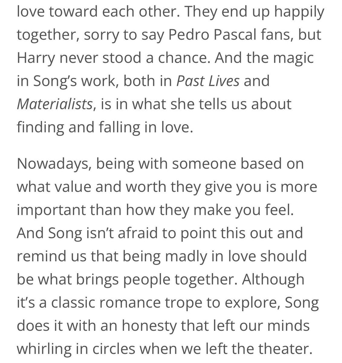 SPOILERS FOR #Materialists 

✨✨

Pedro is genuine and charming, Chris is the heart of the film, and Dakota has her moment to shine. 

Read my whole review about my thoughts and feelings about the leading trio of Celine Song’s newest romance film here: fangirlish.com/2025/06/16/mat…