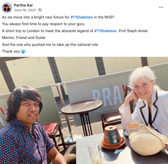 parthaskar's tweet image. Memories are a beautiful thing

4 years ago to the day.

Had secured money for the #HybridClosedLoop Pilots to generate data for @NICEComms from @NHSEngland 

The 1st port of call? The Boss herself. 
Dame Amiel @DiabetesKings 

Invaluable advice and importantly? Blessings

And