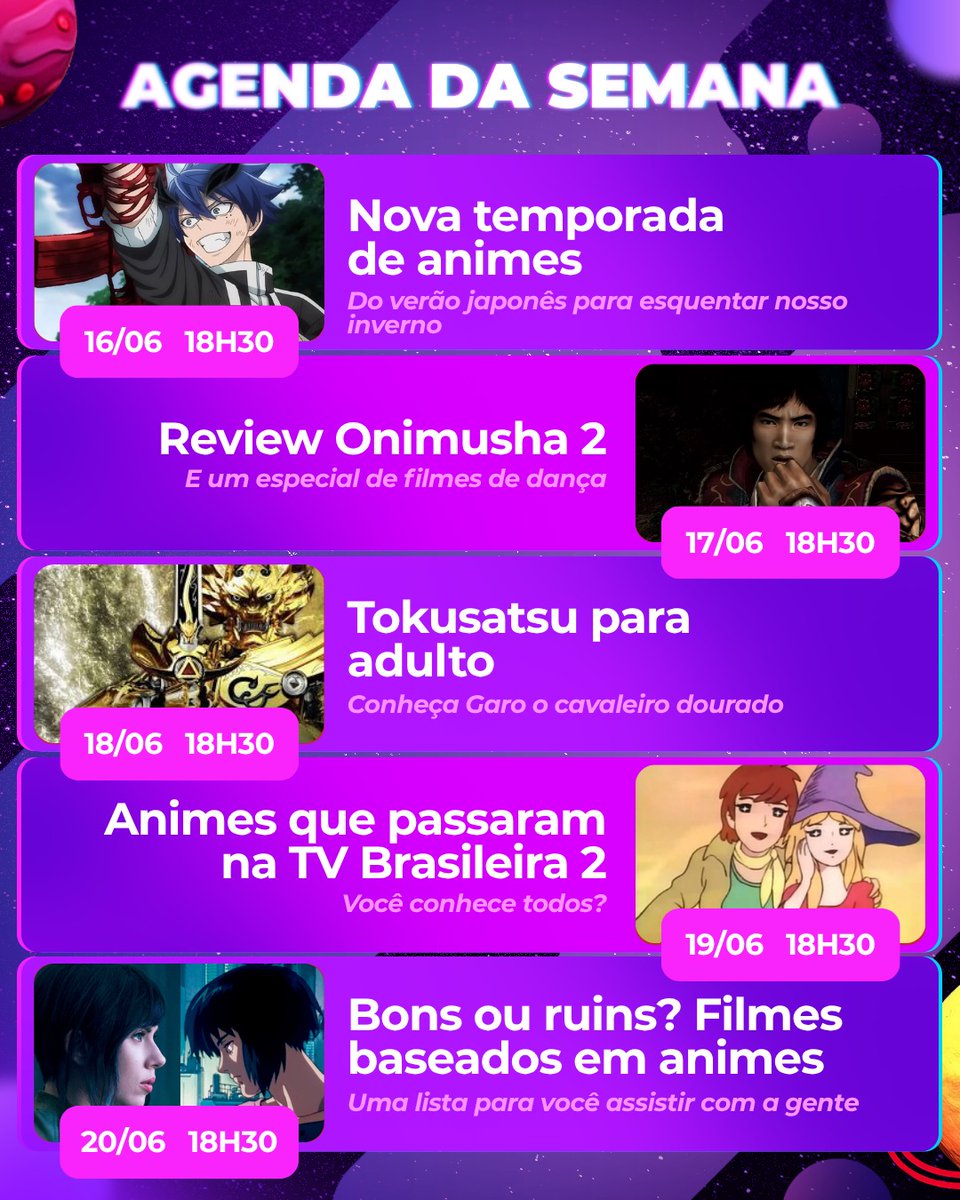 Olha nossa agenda semanal chegando! Compartilhem para todo mundo saber que terá animes, tokusatsu, games e muito mais no <a href="/comantimateria/">Antimatéria</a> da semana ✌️