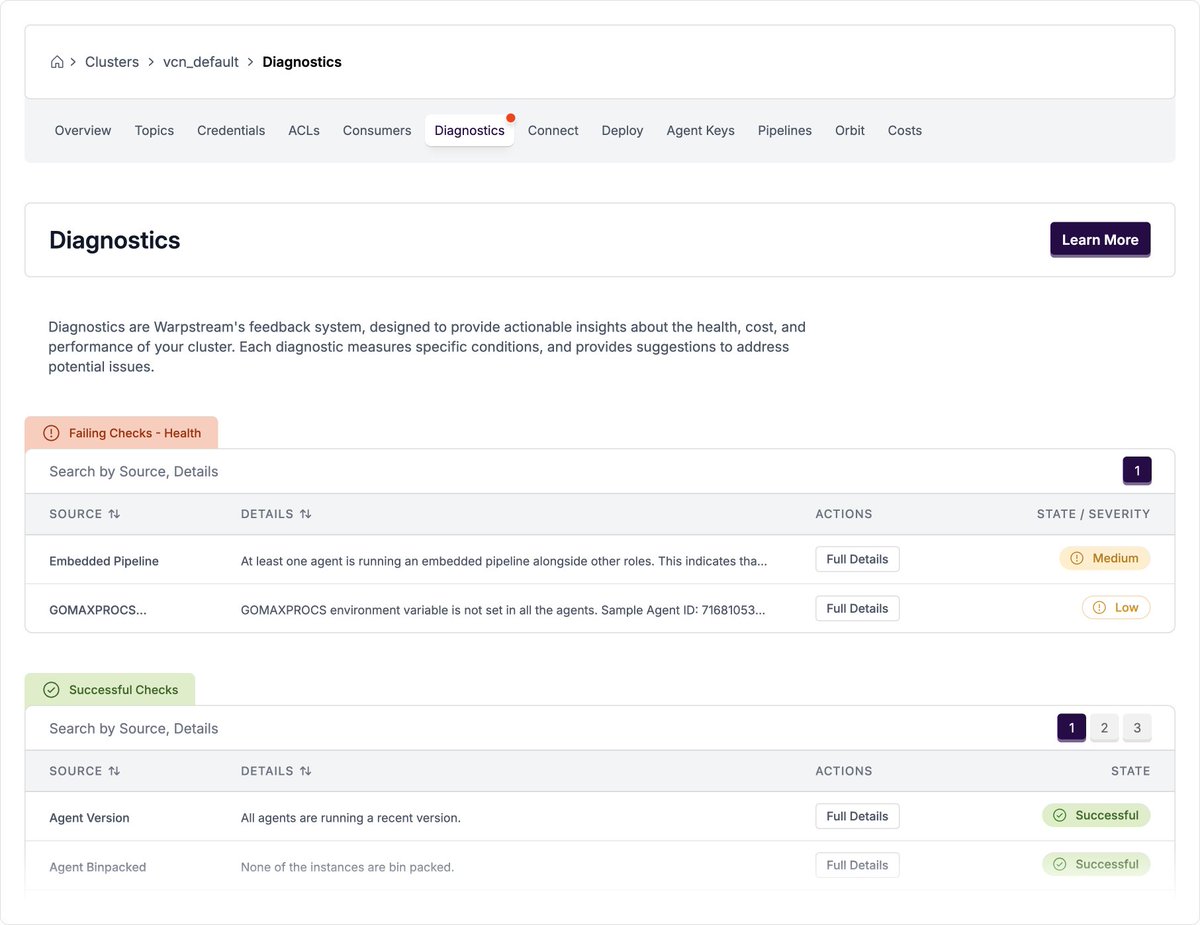 .@warpstreamlabs Diagnostics continuously analyzes your clusters to identify potential problems, cost inefficiencies, and ways to improve things ➡️ warpstream.com/blog/warpstrea…