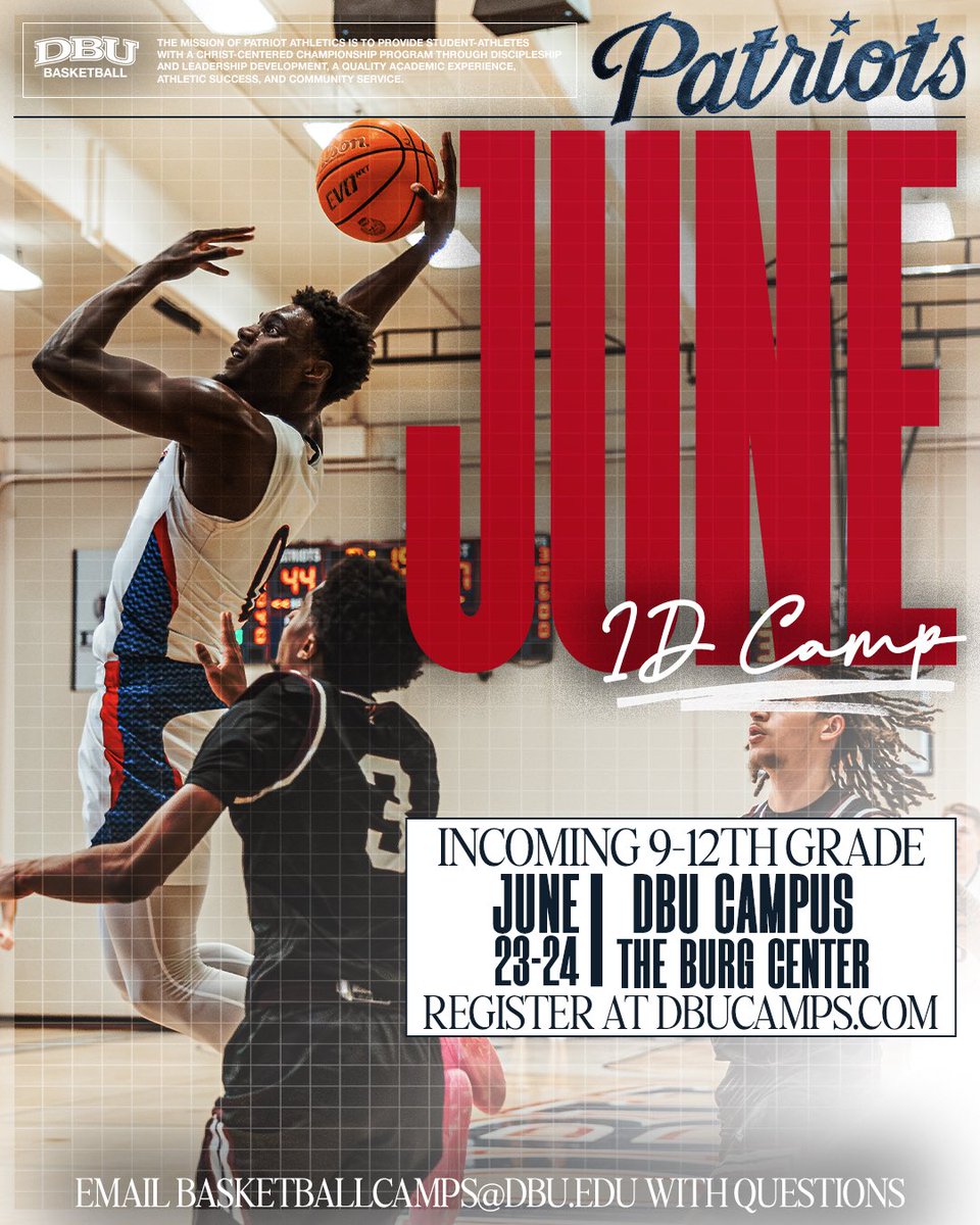 🏀 Playing in TABC? Keep the momentum going!

Join us for our ID Camp 🗓️ June 23-24
✅ Pick your date
✅ Pick your hour(s)
✅ Workout with the DBU coaches

Spots are limited! 🎯
🔗 Register now: bit.ly/IDcamps