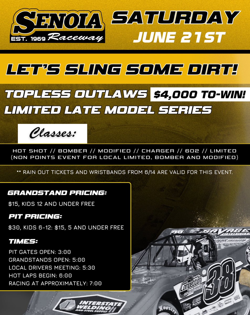 SenoiaR's tweet image. Saturday, June 21 – Let’s sling some dirt at Senoia Raceway! 🏁
We’re turning up the heat with the Topless Outlaws Limited Late Model Series — $4,000 to WIN! 🔥
🖥️ SenoiaRaceway1969.com