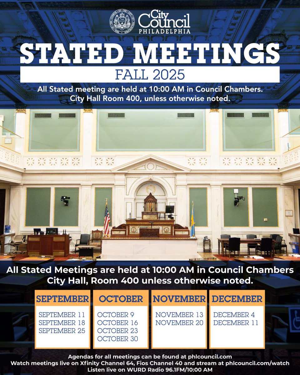 Philadelphia City Council will begin Stated Meetings on Thursday, September 11, 2025. The meeting will begin at 10:00am. Join us and Tune in on the following: Xfinity 64/Fios 40/Stream, phlcouncil.com/watch