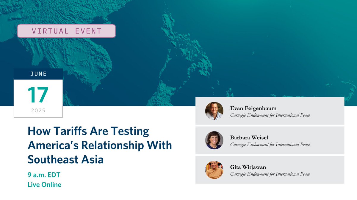 Carnegie Endowment (@carnegieendow) on Twitter photo 📣 Reminder to RSVP for our upcoming event: How Tariffs Are Testing America’s Relationship With Southeast Asia
How are Southeast Asian leaders in government and business navigating trade war and economic uncertainty? Join <a href="/EvanFeigenbaum/">Evan A. Feigenbaum</a>, Barbara Weisel, and <a href="/GWirjawan/">Gita Wirjawan</a> to 📣 Reminder to RSVP for our upcoming event: How Tariffs Are Testing America’s Relationship With Southeast Asia
How are Southeast Asian leaders in government and business navigating trade war and economic uncertainty? Join <a href="/EvanFeigenbaum/">Evan A. Feigenbaum</a>, Barbara Weisel, and <a href="/GWirjawan/">Gita Wirjawan</a> to