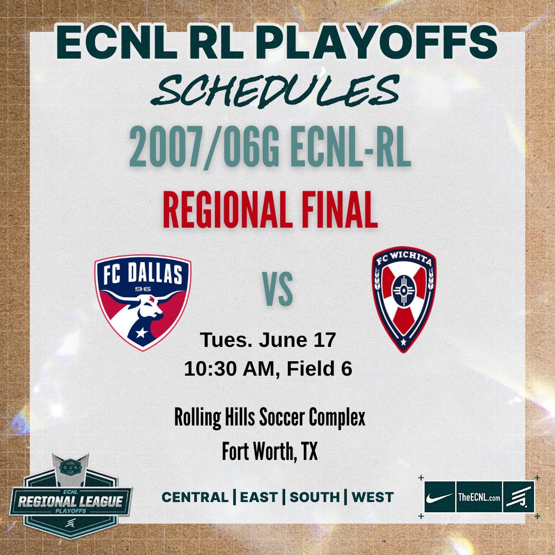 Up Next: Regional Finals! 🚨Fun fact - this team is making its 4th consecutive and final appearance in the <a href="/ECNLgirls/">ECNL Girls</a> Regional Finals. Let’s go‼️

📆Tuesday, June 17th
⏰10:30 AM
📍Rolling Hills Soccer Complex, Field 6
🆚 FC Wichita 

<a href="/FCDGirlsECNL/">FC Dallas Girls ECNL</a>