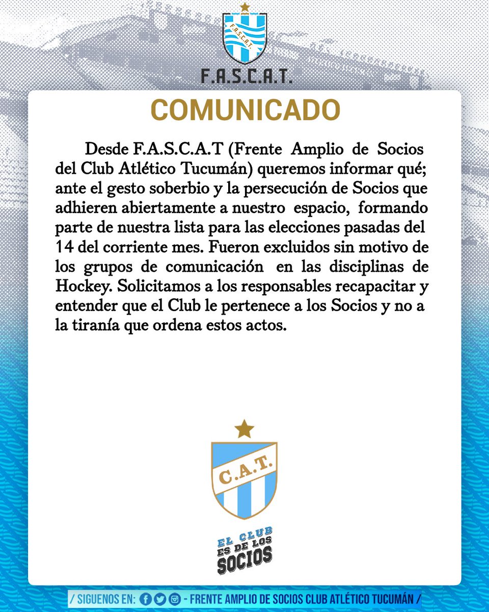 FrenteSociosCAT's tweet image. ¡¡¡ATENCIÓN!!! 

​🇪​​🇱​ ​🇨​​🇱​​🇺​​🇧​ ​🇪​​🇸​ ​🇩​​🇪​ ​🇱​​🇴​​🇸​ ​🇸​​🇴​​🇨​​🇮​​🇴​​🇸​

#atléticotucumán #socios #socias #frenteampliodesociosCAT #fascat #comisiondirectiva #Hockey #AtléticoTucumán #Deca