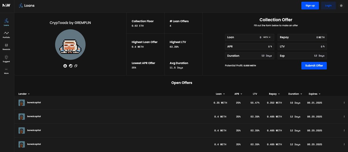 NettyWorth (@nettyworthapp) on Twitter photo If you are looking for instant liquidity here's the latest high collection loan offer on our marketplace for <a href="/cryptoadzNFT/">CrypToadz πΈβ</a>! πΈ
Unlock more Crypto on NettyWorth! If you are looking for instant liquidity here's the latest high collection loan offer on our marketplace for <a href="/cryptoadzNFT/">CrypToadz πΈβ</a>! πΈ
Unlock more Crypto on NettyWorth!