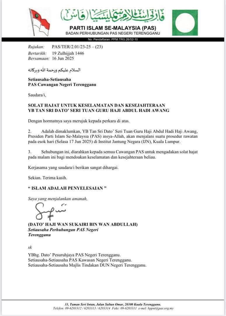 Selamat menjalani rawatan dan semoga diberi kesembuhan YB. Tuan Guru <a href="/abdulhadiawang/">Abdul Hadi Awang</a>.