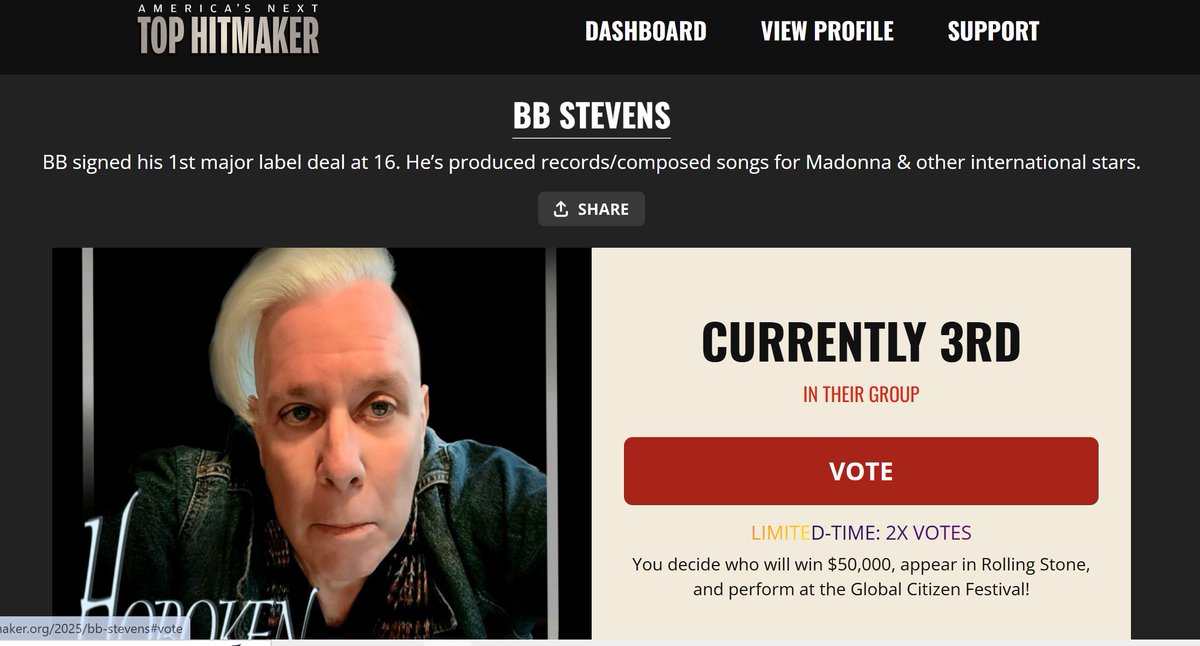 bb_stevens_'s tweet photo. I made the 2nd cut into the Top 15 to perform at NYC's Central Park Global Citizen Festival this summer. This week they're cutting to 10 and your vote (it's free to cast a single vote each day) will help me to get on the stage to shine and play my music: https://t.co/EuFmglxhCY https://t.co/LwpWhM7aQw