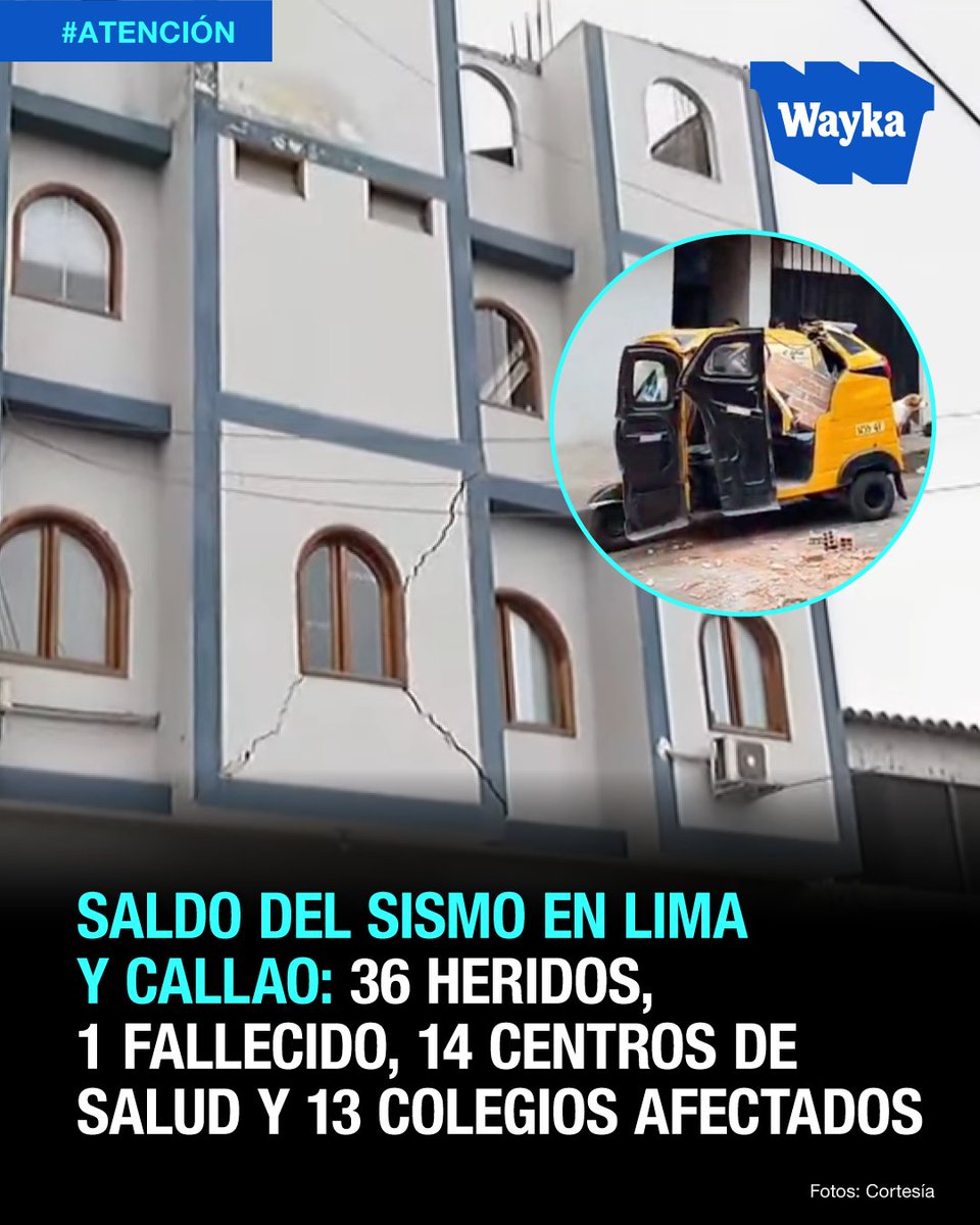 WaykaPeru's tweet photo. 🚨#Sismo #NoEstamosPreparados | El reciente sismo de 6.1 grados con epicentro a 30km al suroeste del Callao que impactó Lima y alrededores registró 36 personas heridas, 14 centros de salud dañados y 13 instituciones educativas afectadas en su infraestructura, según el reporte del Centro de Operaciones de Emergencia Nacional (COEN).
El daño más grave fue el fallecimiento de Jonathan Ventura, trabajador mototaxista, a quien le cayó parte de la pared del cuarto piso de una edificio en el distrito de Independencia.