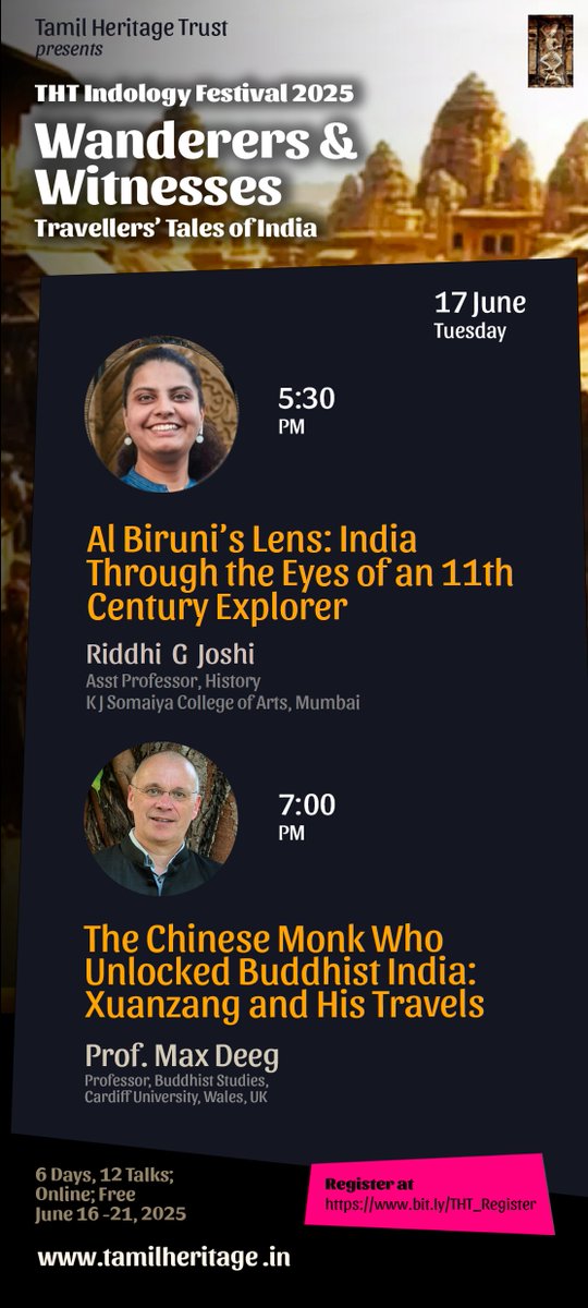 THT Indology Festival 25 - Day 2, 17-Jun (Tue)

5:30 p.m. : Riddhi Joshi's talk will delve into India through the eyes of Al Biruni, the 11th century explorer

7:00 p.m. : Prof. Max Deeg explores the travels of Xuanzang, the Chinese monk

youtube.com/watch?v=4TVyjk…

#THTIndoFest25