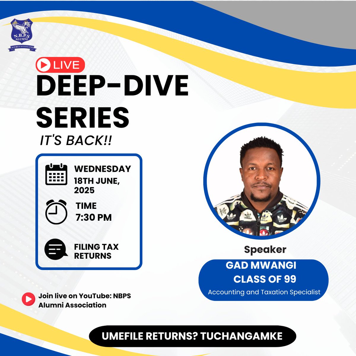 NBPSAlumni's tweet photo. Deep Dives Are Back!🥳🥳
This Wednesday 18th June at 7:30 PM

We are excited to finally kick off!! First things first..Tufile returns. 
Kama hujafile returns usitense, Gad atakusort! 😎

Usikose! Join us live on YouTube https://t.co/r53K6RmzCM 
 #DeepDiveseries #FileReturnsNaGad https://t.co/f80JUM8y7a