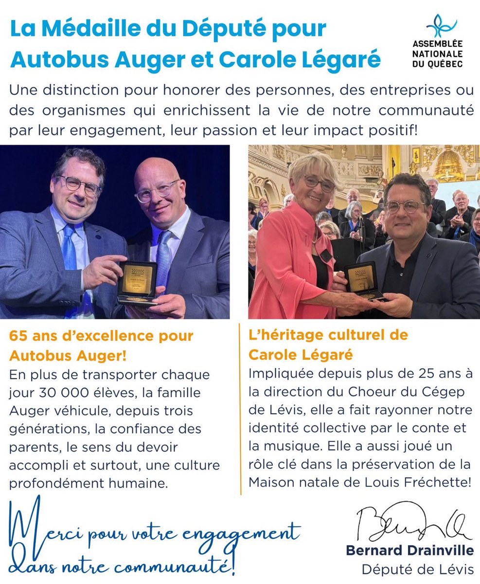 Bernard Drainville (@bdrainvilleqc) on Twitter photo đïž En mai, jâai eu le privilĂšge de remettre la MĂ©daille du DĂ©putĂ© Ă  Carole LĂ©garĂ© et Ă  Autobus Auger pour leur contribution exceptionnelle Ă  notre communautĂ©.
Merci pour votre engagement inspirant, qui fait rayonner #LĂ©vis chaque jour! đ đïž En mai, jâai eu le privilĂšge de remettre la MĂ©daille du DĂ©putĂ© Ă  Carole LĂ©garĂ© et Ă  Autobus Auger pour leur contribution exceptionnelle Ă  notre communautĂ©.
Merci pour votre engagement inspirant, qui fait rayonner #LĂ©vis chaque jour! đ