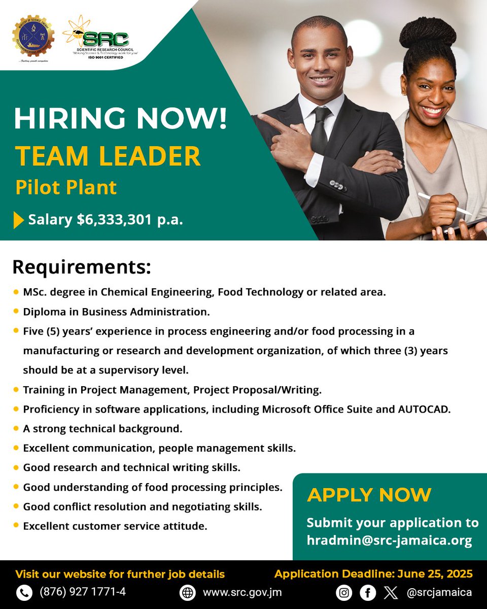 WE ARE HIRING!

Ready to take the next step in your career? Join our team at the Scientific Research Council!

Apply now: hradmin@src-jamaica.org
Visit our website for more details: src.gov.jm