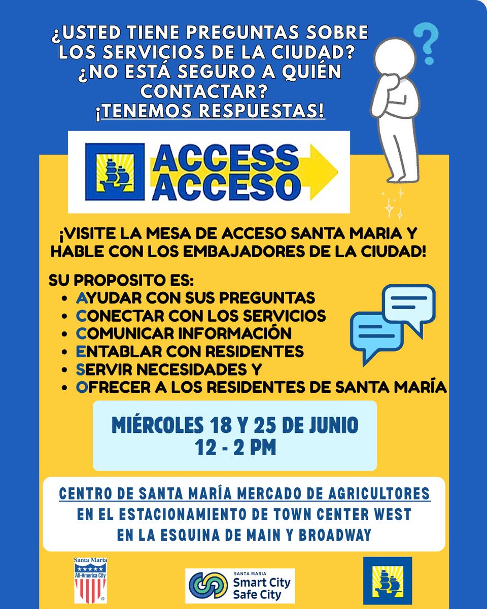 City_SantaMaria's tweet image. Speak to our City Ambassadors at our ACCESS booth if you have any questions about City services. 👀✍️
We want to hear from you. 🤓
Hable con nuestros embajadores de la ciudad en nuestro stand de ACCESSO si tiene alguna pregunta sobre los servicios de la ciudad. 👀✍️