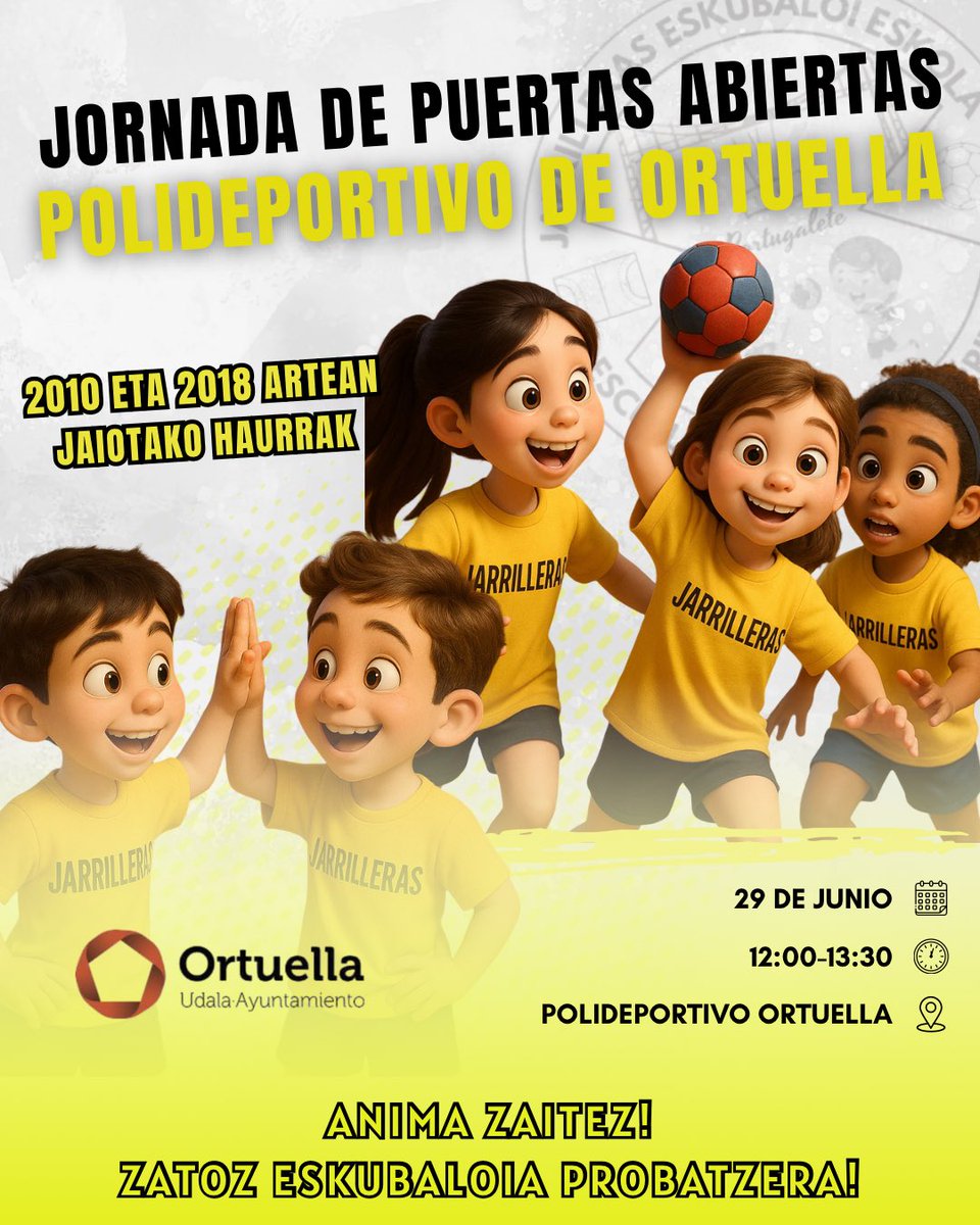 bmjarrilleras's tweet photo. 📢 JORNADA DE PUERTAS ABIERTAS EN ORTUELLA

Dirigida a niños y niñas nacidos entre el 2010 y el 2018. 

¡Apúntalo en el calendario!
🗓️ 29 de junio
🕒 12:00-13:30
📍 Polideportivo de Ortuella

¡Anímate y ven a probar el balonmano!🤾🏽‍♀️

@OrtuellaUdala #balonmano #deporte #kirola https://t.co/3a9SjQQzMf