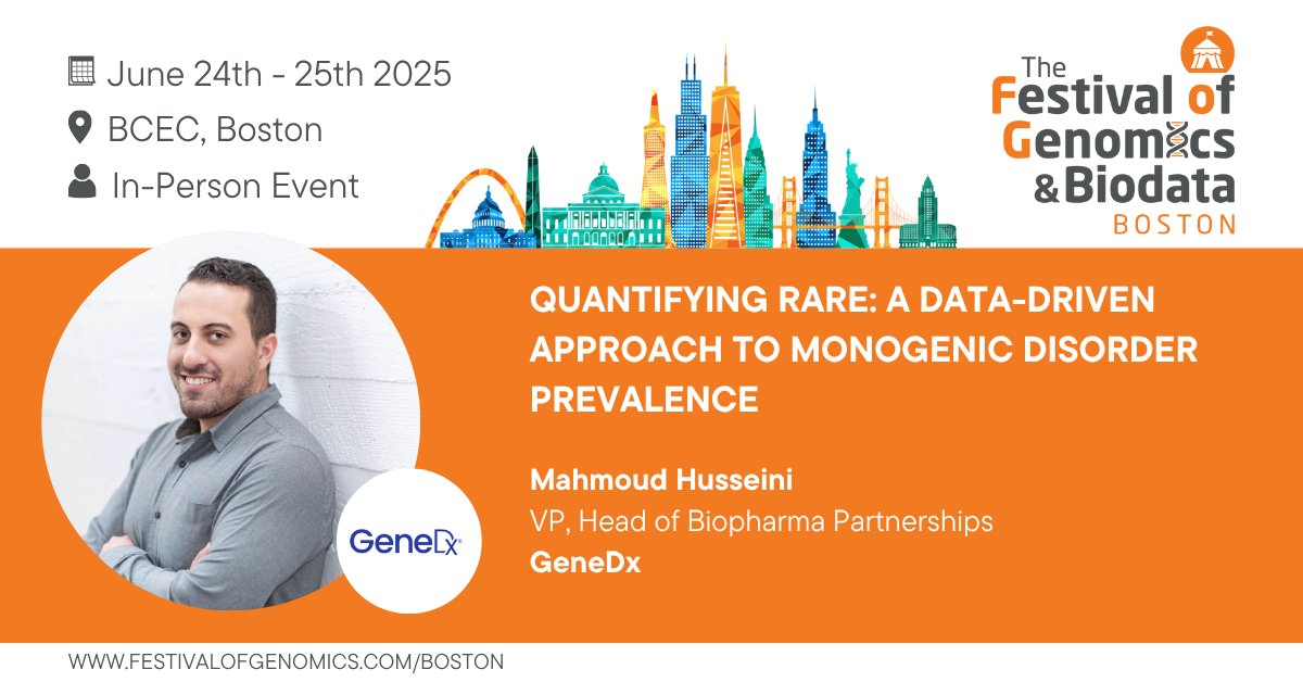 Come along to The Festival of Genomics &amp; Biodata, Boston to hear from Mahmoud Husseini (VP, Head of Biopharma Partnerships, <a href="/GeneDx/">GeneDx</a>) on real world genomic data and disease prevalence. Register now: hubs.la/Q03rRd1D0 #FOGBoston