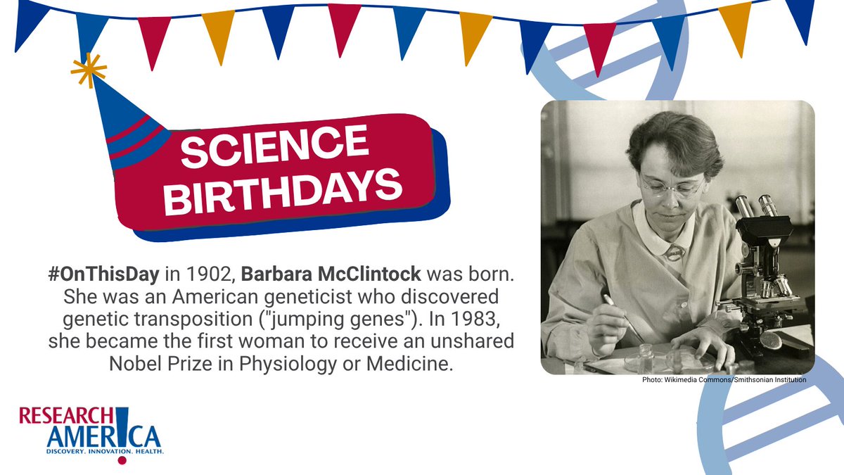 #BornOnThisDay in 1902: Barbara McClintock! 
She was the geneticist who discovered genetic transposition, or "jumping genes." In 1983, she became the first woman to receive an unshared Nobel Prize in Physiology or Medicine. 

nobelprize.org/stories/women-… 
#HistoryMakers #WomenInSTEM