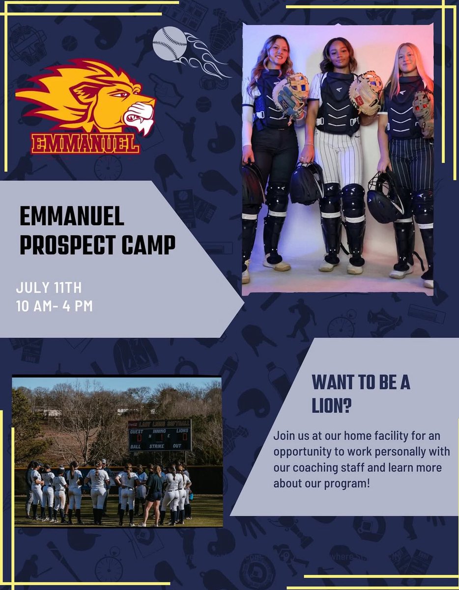 Want to become a Lion? 
Join us for our prospect camp this July 11th! 
Link to sign up is in our Bio: 

emmanuelsoftball.totalcamps.com/shop/EVENT?fbc…