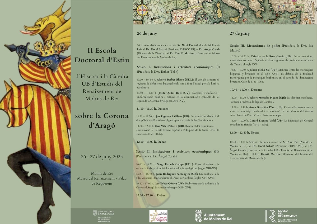 Càtedra UB d'Estudis del Renaixement Molins de Rei (@crmrub) on Twitter photo Els pròxims dies 26 i 27 de juny, el <a href="/MRenaixement/">Museu del Renaixement</a> acollirà la II Escola Doctoral d'Estiu sobre la Corona d'Aragó que organitzem juntament amb <a href="/hiscoar/">Societas Historicorum Coronae Aragonum</a>. Compartim amb vosaltres el programa.
Us hi esperem! Els pròxims dies 26 i 27 de juny, el <a href="/MRenaixement/">Museu del Renaixement</a> acollirà la II Escola Doctoral d'Estiu sobre la Corona d'Aragó que organitzem juntament amb <a href="/hiscoar/">Societas Historicorum Coronae Aragonum</a>. Compartim amb vosaltres el programa.
Us hi esperem!