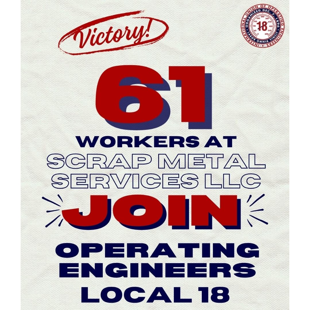 iuoe_union's tweet photo. Workers at Scrap Metal Services LLC in Mingo Junction, Ohio voted decisively to form a union with Operating Engineers Local 18! Welcome to the team! โ#UnionVictory #OperatingEngineers #UnionStrong๐ช https://t.co/DVMD5BvcIB