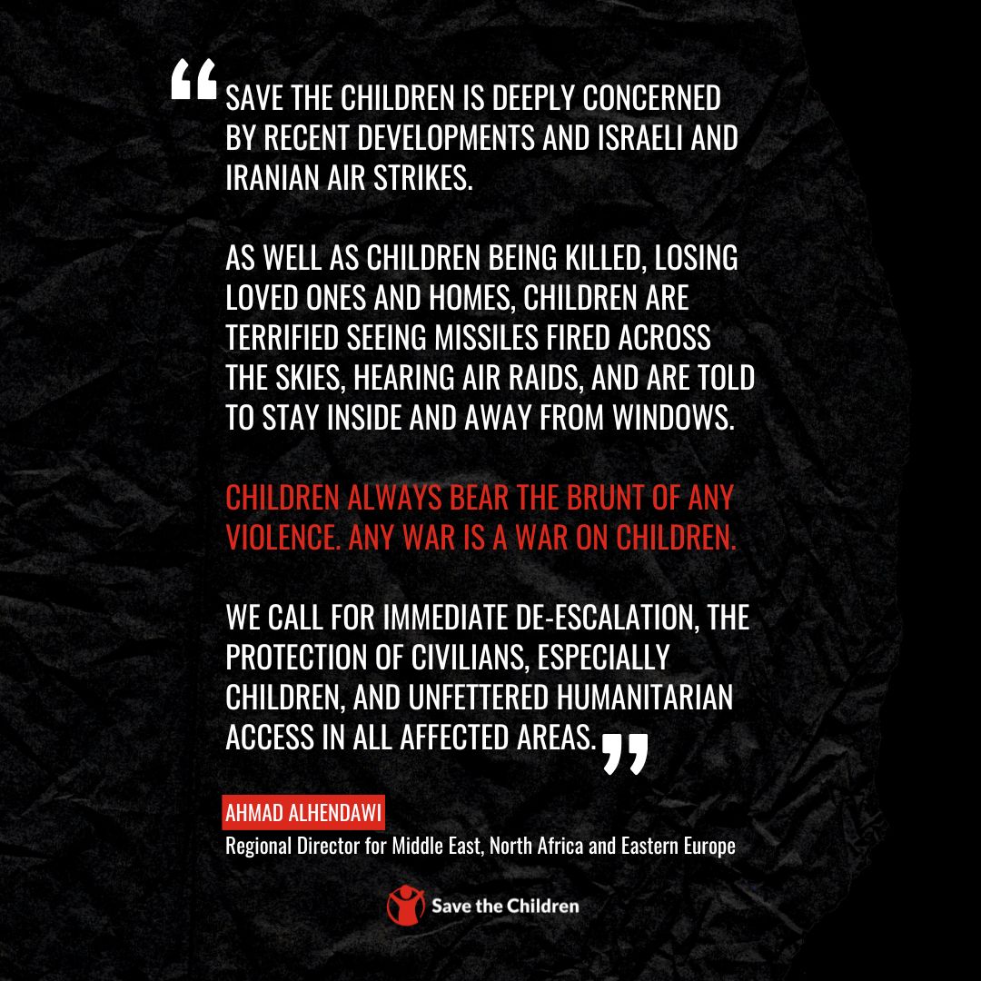 We're deeply concerned by the recent escalation in hostilities marked by air strikes between Israel &amp; Iran.

The risk of a broader regional confrontation is real &amp; deeply worrying. 

We're calling for immediate de-escalation &amp; the protection of civilians, especially children.