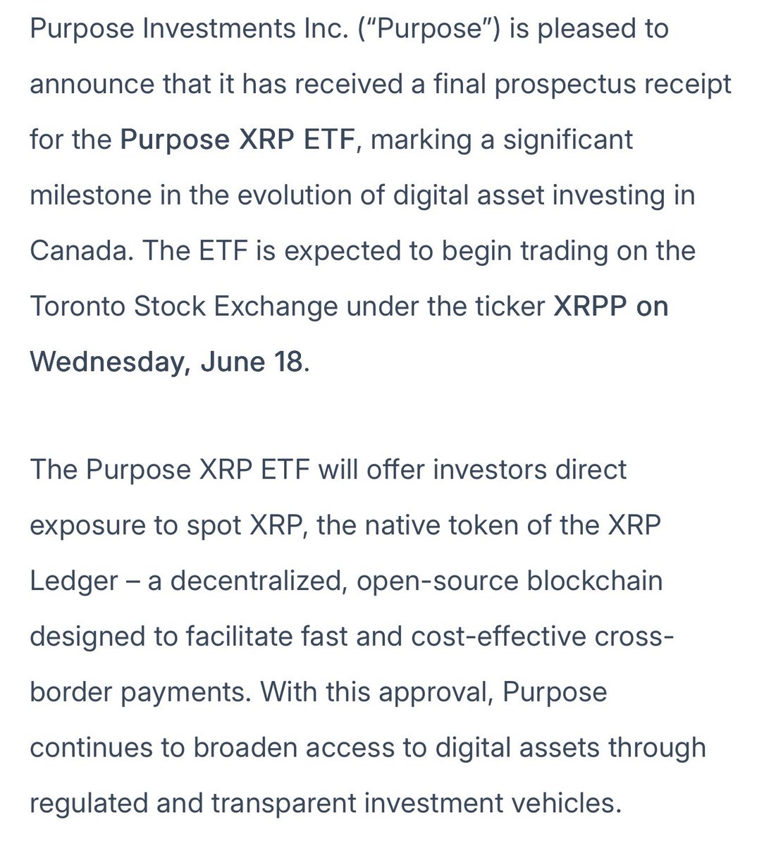👀
Toronto Stock Exchange expected to list $XRP ETF ticker XRPP on its exchange tomorrow 6/18/25 from Purpose Investment

A spot 😏.

#Ripple #XRP #XRPArmy