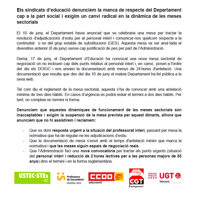USTECSTEs's tweet photo. [Comunicat unitari] Exigim un canvi radical en la dinàmica de les meses sectorials.

"Reclamem que l’Administració convoqui una mesa urgent per tractar la situació del personal interí i la reducció de 2 h lectives als majors de 55 anys".

Enllaç: https://t.co/S0je4OcA8E https://t.co/wqPb8A3c68