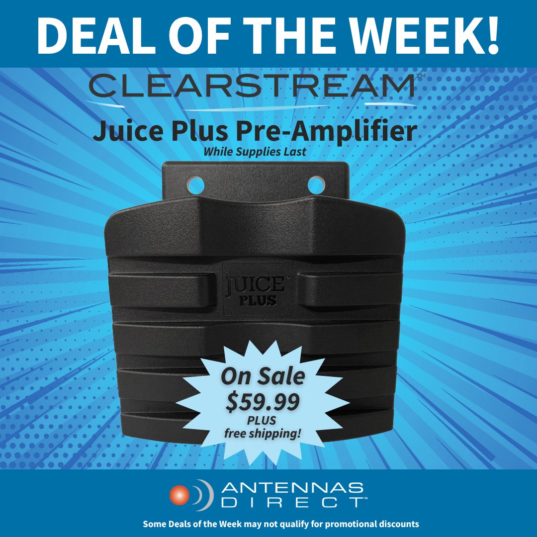 🚨Deal of the Week🚨

The ClearStream Juice Plus Pre-Amplifier is now just $59.99 PLUS free shipping! That's $20 off regular price!

Get yours before this deal is gone. 👇🏼
store.antennasdirect.com/deal-of-the-we…