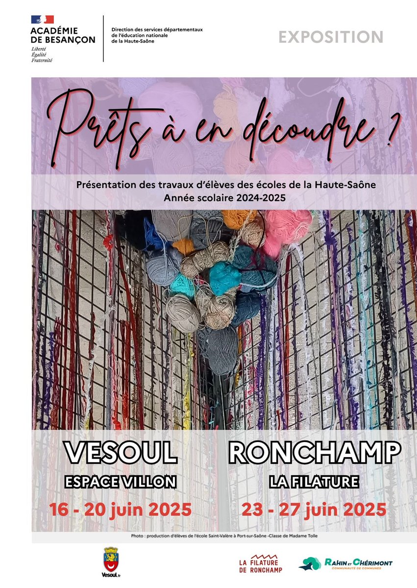 🧶 En 2024-2025, près de 2 500 élèves des écoles de la Haute-Saône et leurs enseignants se sont engagés dans le projet "Prêts à en découdre ?" proposé par les groupes Français &amp; Arts et culture de la <a href="/dsden70/">DSDEN de la Haute-Saône</a> (thème : fil et tissu). <a href="/CatherineRidard/">Catherine Ridard</a> <a href="/acbesancon/">Académie de Besançon</a> <a href="/NathalieAlber15/">Nathalie Albert-Moretti</a>