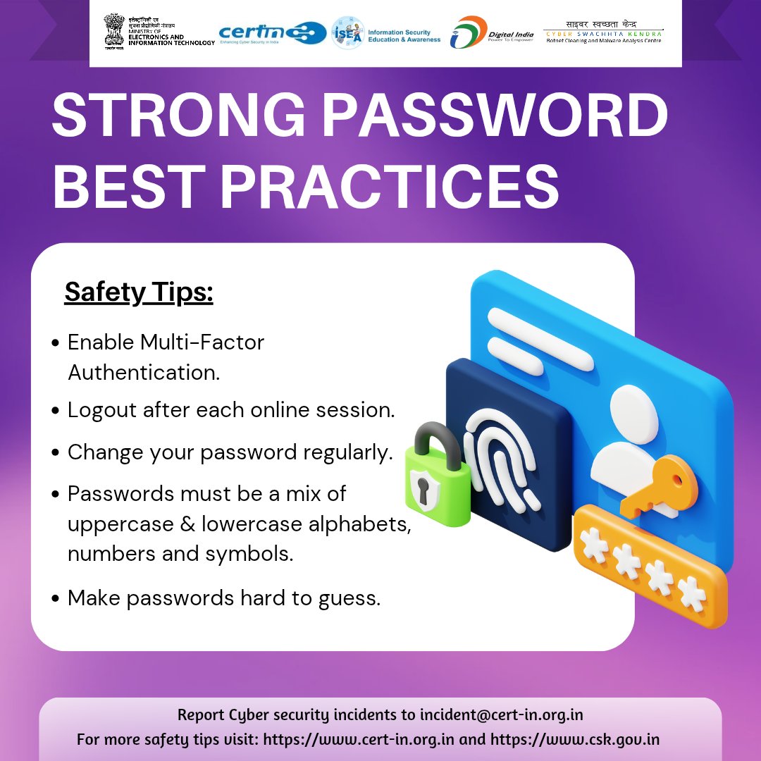 Cybersecurity best practices. #indiancert #cyberswachhtakendra #StaySafeOnline #cybersecurity #besafe #staysafe #mygov #Meity #onlinefraud #cybercrime #scamming #cyberalert #CSK #CyberSecurityAwareness