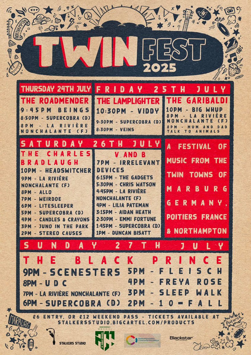 The line-ups for this year's Twinfest have been announced, along with the venues in Northampton.  Details of who's playing where and when are shown on the attached poster

Wristbands will be on pre sale soon