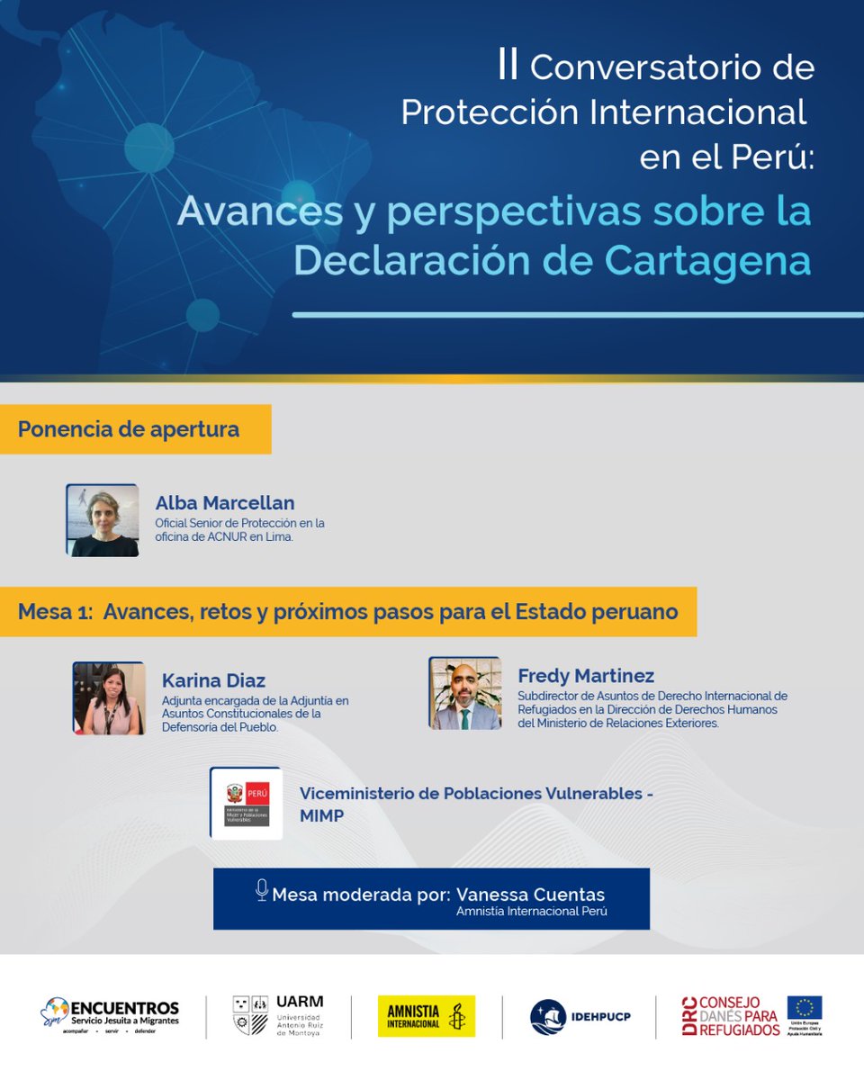 IDEHPUCP (@idehpucp) on Twitter photo 🗣️¡Participa en el II Conversatorio sobre Protección Internacional en el Perú!
🗓️25 de junio
🕙10 a.m. a 1 p.m.
📍Universidad Antonio Ruiz de Montoya – Pueblo Libre
🎟️Ingreso libre: forms.gle/wDUpP6twwWToLy…
🎓Organizado por:
<a href="/encuentros_sjm/">Encuentros SjmPeru</a> <a href="/uarm_/">Universidad Antonio Ruiz de Montoya</a> <a href="/idehpucp/">IDEHPUCP</a> <a href="/amnistiaperu/">Amnistía Internacional Perú</a> <a href="/drc_lac/">Consejo Danés para Refugiados - DRC</a> 🗣️¡Participa en el II Conversatorio sobre Protección Internacional en el Perú!
🗓️25 de junio
🕙10 a.m. a 1 p.m.
📍Universidad Antonio Ruiz de Montoya – Pueblo Libre
🎟️Ingreso libre: forms.gle/wDUpP6twwWToLy…
🎓Organizado por:
<a href="/encuentros_sjm/">Encuentros SjmPeru</a> <a href="/uarm_/">Universidad Antonio Ruiz de Montoya</a> <a href="/idehpucp/">IDEHPUCP</a> <a href="/amnistiaperu/">Amnistía Internacional Perú</a> <a href="/drc_lac/">Consejo Danés para Refugiados - DRC</a>