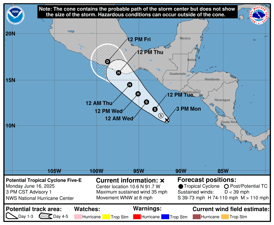 Se forma el potencial de ciclón tropical "Cinco-E" frente las costas de Centroamérica (aún no es ciclón tropical).

🔹En próximas horas será depresión tropical que se fortalecerá a la tormenta #Erick.
🔹Se pronostica trayectoria rumbo a las costas de Oaxaca - Guerrero.
🔹Sería el