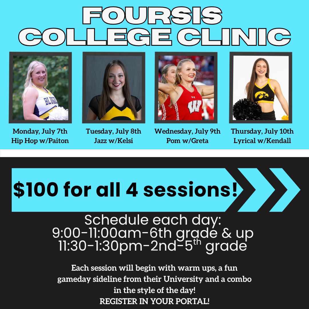 🤩We are so excited to welcome to the studio this summer, our Foursis College Dancers!

🖤Join them for a week of fun and growth exploring all styles and learning a fun gameday sideline from each of their schools!!

🖥ENROLL IN YOUR PORTAL! SPOTS ARE LIMITED!