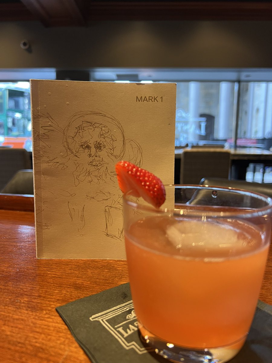 Strawberry-Rhubarb Days with a small chapbook of devotional poetry and a close-reading of Mark chapter 1

Strawberry Rhubarb Pie

1 &amp; 1/2 oz Botanist
1/4 oz Cointreau 
1/4 oz vanilla de Madagascar 
1/4 oz brown sugar syrup
3 strawberries
Two dashes Rhubarb Bitters