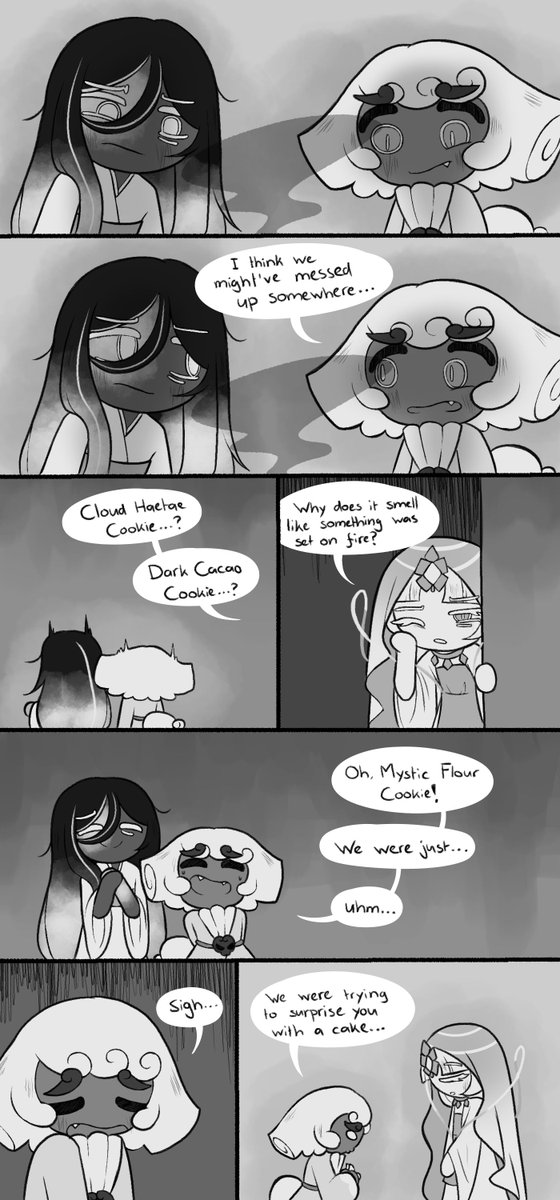 TheSparkledash's tweet image. Corrupted Dark Cacao AU [Mirror of the Soul page 15-16]

That cake may be burned to a crisp and hard as a brick, but Mystic Flour WILL try it to make Cloud Haetae Cookie happy

#cookierun #cookierunkingdom #darkcacaocookie #mysticflourcookie #cloudhaetaecookie
