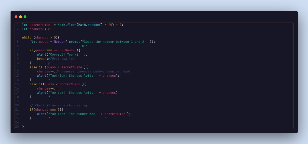 Zinny_mund's tweet image. Day 2 of #30DaysOfJSandReact ✅
Relearning the fundamentals.
This 'Guess the Number' game was a nice refresher on loops, conditionals & user input.
#30DaysOfJSandReact #JavaScriptPractice #CodeNewbie #100DaysOfCode #LearnInPublic