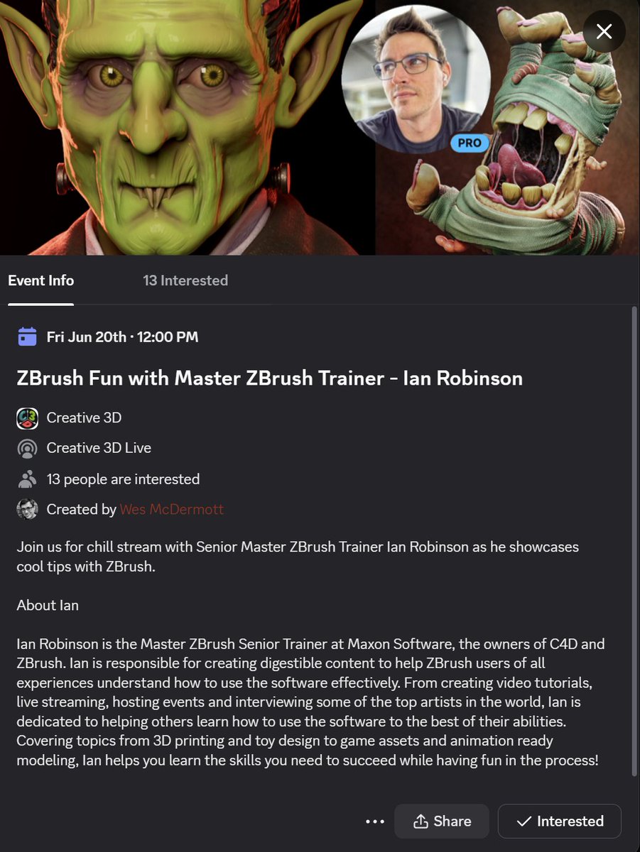 iLoveTexture's tweet image. We are hosting the very amazing @IR_Sculpts for a livestream over on our Creative 3D Discord
This Friday 12pm PST / 3pm EST Come hang out!
#madeWithSubstance #ZBrush
discord.gg/EdTdtKqG?event…